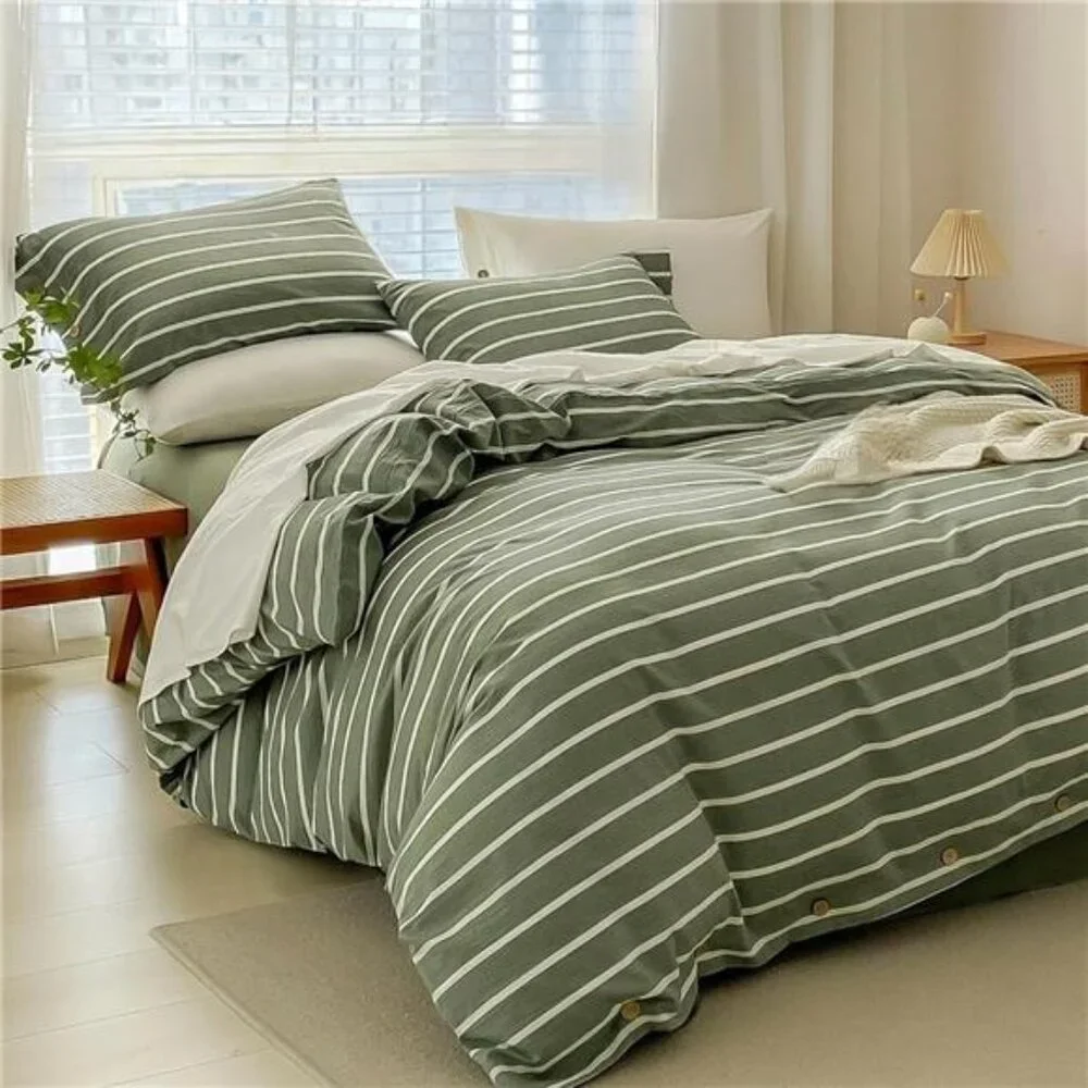 NEW West Elm Boho Green Stripe Queen / King Cotton Linen Bedding Duvet Sham Set